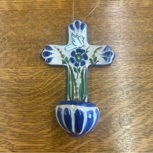 Vintage Tonala Pottery Holy Water Font Cross Front Religious Mexican Folk Art
